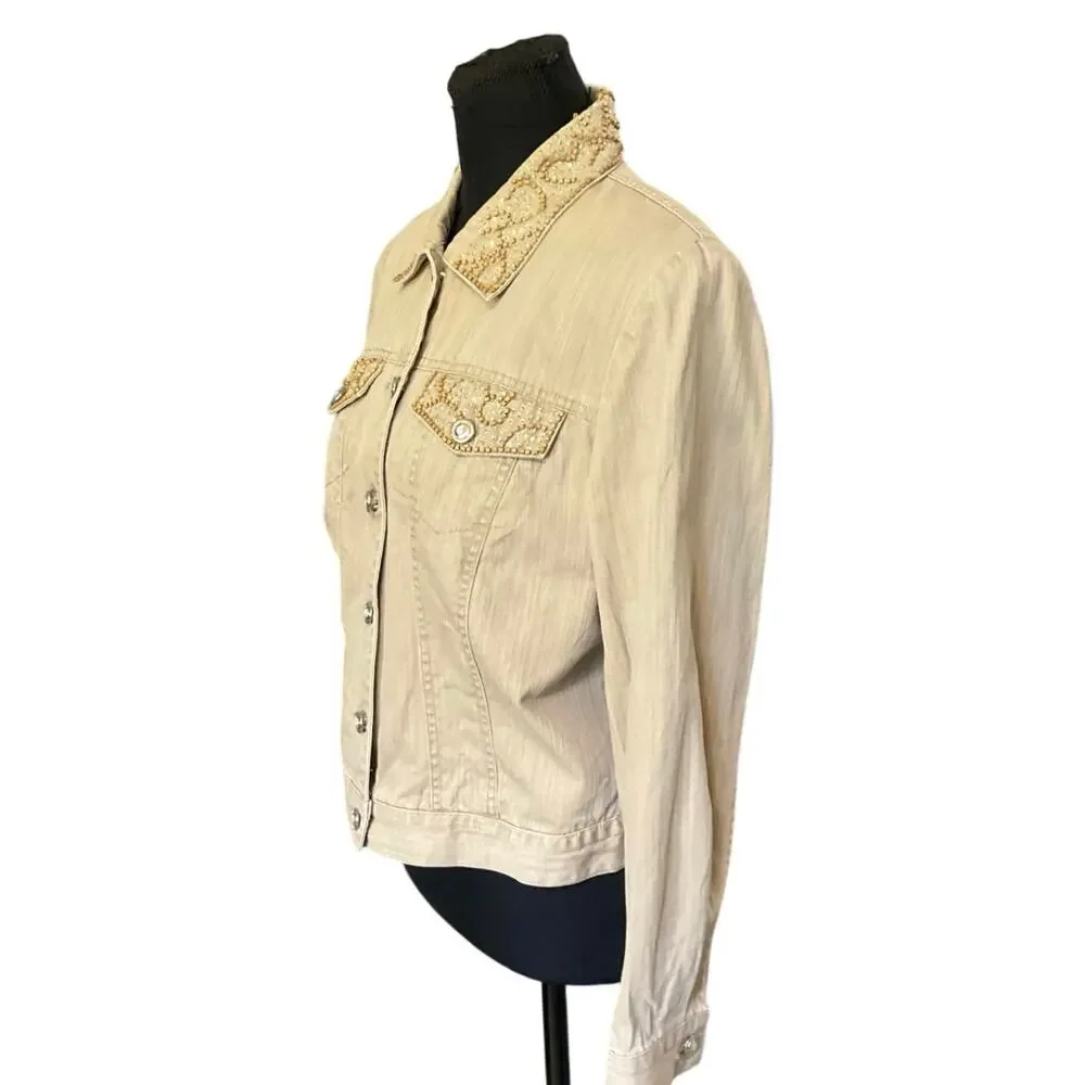Nancy Bolen City Girl Beaded Embellished Khaki Button Front Denim Jacket Size M - Picture 3 of 8